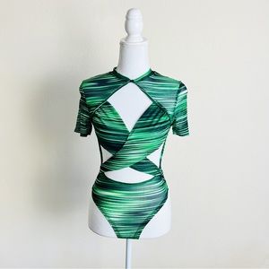 Green & Black Striped Mesh Strappy Criss Cross Short Sleeve Cut Out Bodysuit